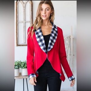 Elegant Red Blazer with Checkered Accents